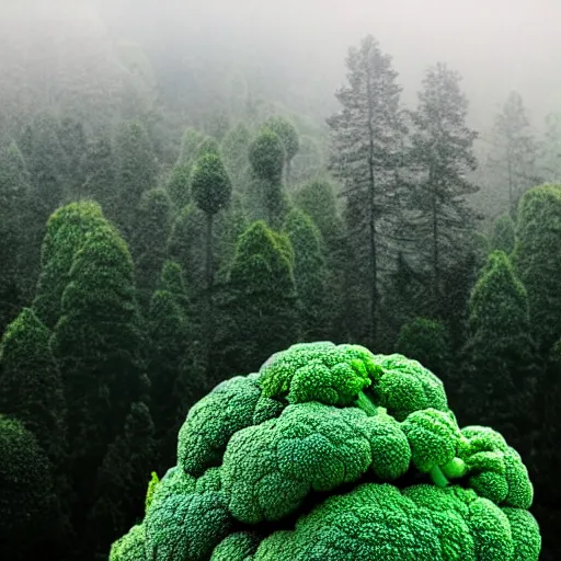 Prompt: a forest with giant broccoli