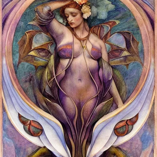 Prompt: moths attending their queen, by Annie Swynnerton and Diego Rivera and Evelyn De Morgan, symbolist, dramatic lighting, elaborate geometric ornament, god rays, soft cool colors,smooth, sharp focus, extremely detailed, Adolf Wölfli