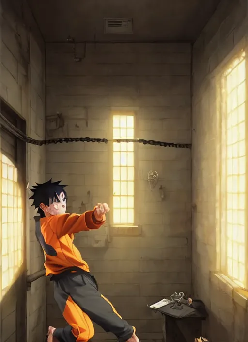 Image similar to highly detailed prison cell with naruto uzumaki with black hair, bars in window, powerfully hitting a wall, art by greg rutkowski, loish, rhads, ferdinand knab, makoto shinkai and lois van baarle, ilya kuvshinov, rossdraws, tom bagshaw, global illumination, radiant light, detailed and intricate environment