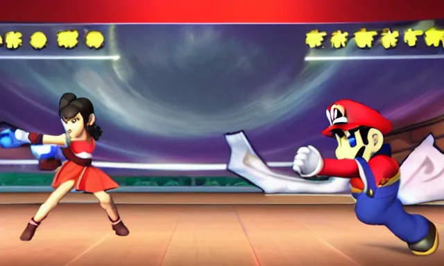 Prompt: 4k Super Smash Brothers screenshot of Korra punching Mario