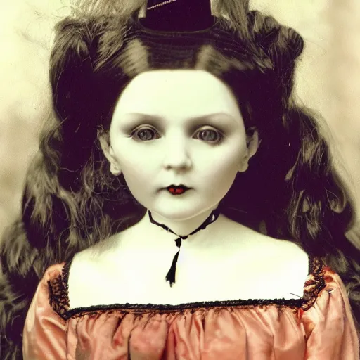 Image similar to head and shoulders portrait of a victorian gothic doll-like girl making an ASMR video on YouTube, color Graflex photograph by Mark Ryden