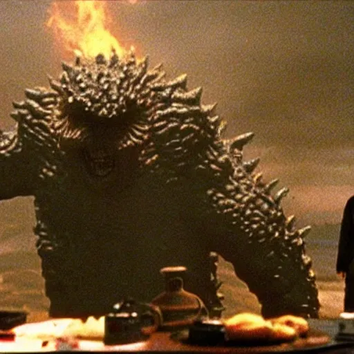 Prompt: wide scenic shot from the scene from the David Lynch production of Godzilla where the conjoined chefs cook. The chefs are conjoined at the head and neck, they share one head. Cinematic, VHS copy, film grain, 35mm film.