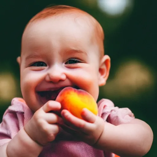 Prompt: photo of an insane baby laughing and eating a peach, bokeh focus