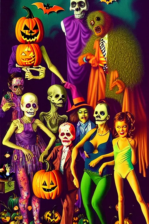 Prompt: a hyperrealistic painting of a vintage halloween costume party, cinematic horror by chris cunningham, lisa frank, richard corben, highly detailed, vivid color,