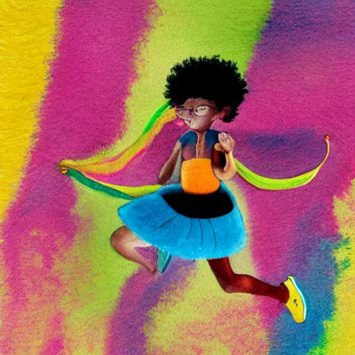 Image similar to a black girl with a colorful afro and rainbow eyes jumping rope near the nile river, bright colours, watercolor, volumetric wool felting, macro photography, children illustration, by goro fujita