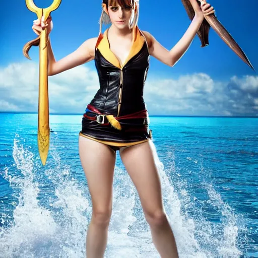 Image similar to a full body photo of emma watson as nami from one piece holding a trident in one hand, award winning photography, 50 mm, perfect faces.