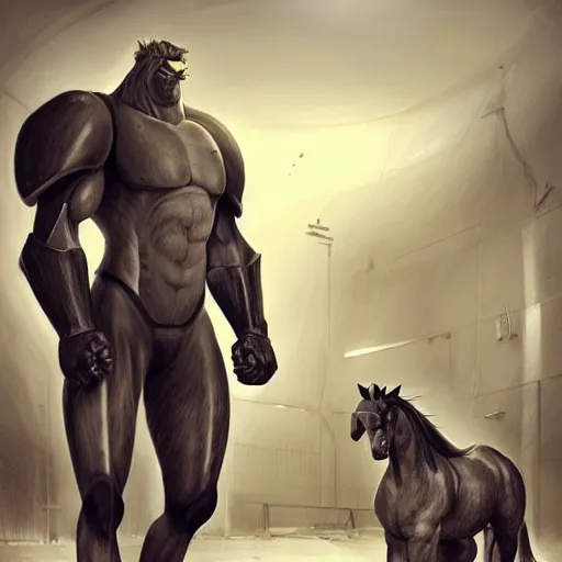Prompt: a gigantically muscular anthro horse in a research facility wearing a skintight body armor, buff experimental supersoldier, long white mane, digitigrade legs, equine, anthro art, furaffinity, highly detailed, digital painting, artstation, concept art, illustration, art by artgerm, greg rutkowski, ruan jia