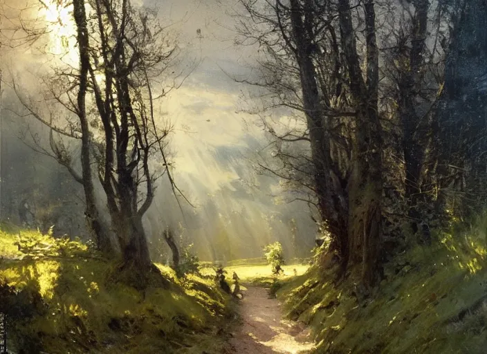 Prompt: oil painting of medieval forest path in dawn by anders zorn, wonderful art by greg rutkowski, incredible lighting, shadows, beautiful cinematic light, american romanticism by greg manchess, tall rocky mountains and storm clouds, sun rays, sunshine, bright sunny summer day, stone walls