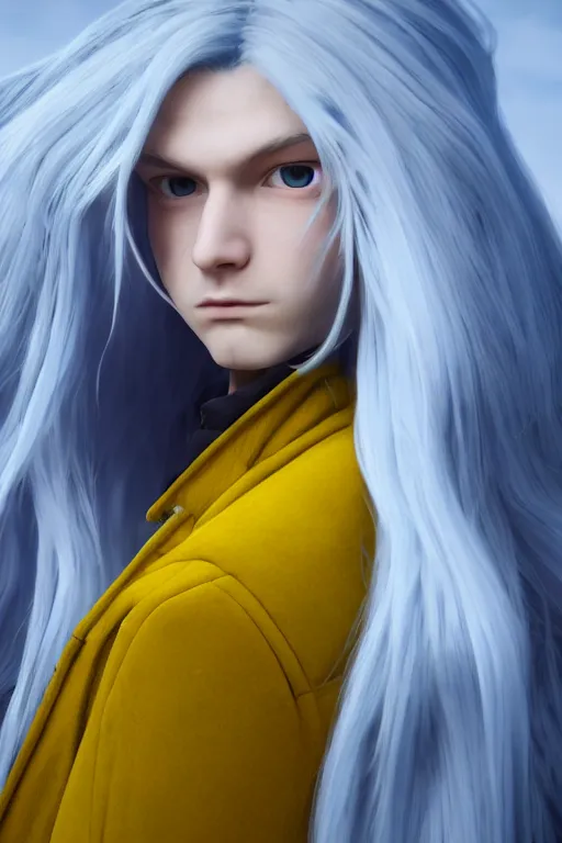 Image similar to a male teenager with long blue hair and yellow eyes wearing a winter overcoat, hyperrealistic, concept art, octane render, unreal engine 5, trending on artstation, high quality, 8 k, highly detailed, digital art, anatomically correct, symmetrical, realistic and defined face, profile picture, high coherence, path traced, beautiful, elegant clothes