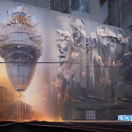 Image similar to sci-fi motherboard structure on the coronation of napoleon painting and digital billboard in the middle, unreal engine 5, keyshot, octane, artstation trending, ultra high detail, ultra realistic, cinematic, 8k, 16k, in style of zaha hadid, in style of nanospace Michael Menzelincev, in style of Lee SOUDER, colors in style of the Blade Runner 2049, in plastic, dark, tilt shift,