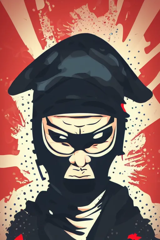 Image similar to a vector based illustration about a gangster ninja the style of pop art, negative space is mandatory, no gradients, black ink on white background, smooth curves, vector spline curve style