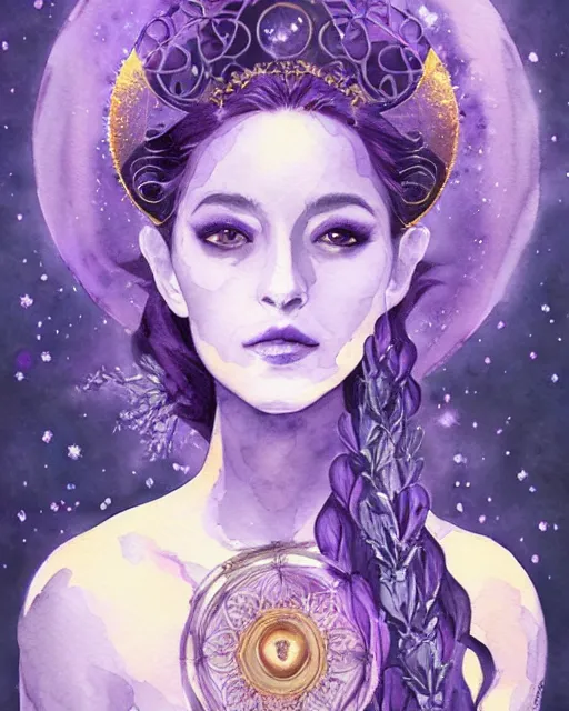 Image similar to watercolor portrait of a lunar priestess, lavender flowers, artgerm, radiant halo of light, gilding, intricate design