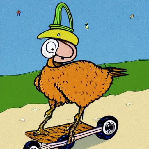 Image similar to a dodo wearing a gold chain around its neck, on a hovering skateboard without wheels, at a skate park near the beach, 1990s cartoon