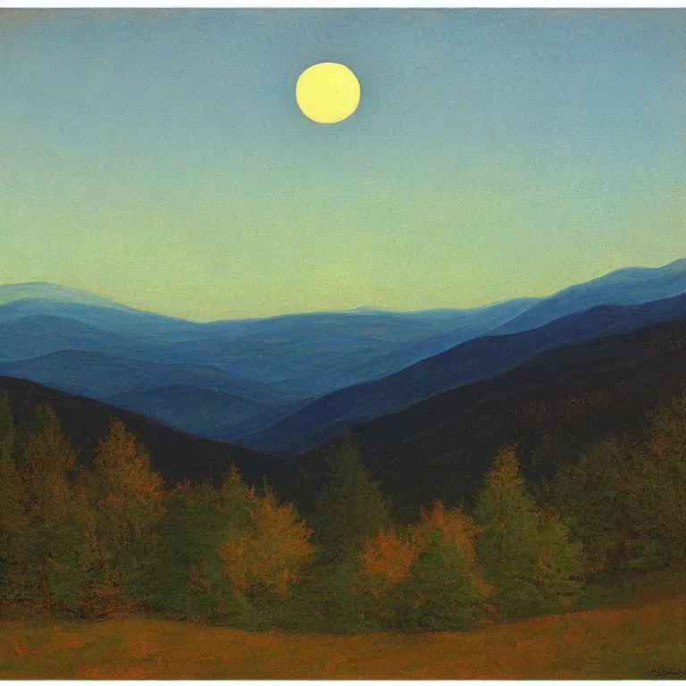 Image similar to vermont mountains, supermoon, clear sky, twilight, abbott handerson thayer oil painting, pale blue palette