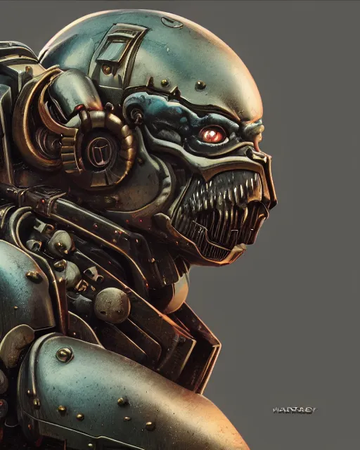 Prompt: hyper realistic portrait of heroic warhammer 4 0 k android head, cinematic, chaos marine, artstation, cgsociety, full head and shoulders, giger, beksinski, brom redshift, vray, octane