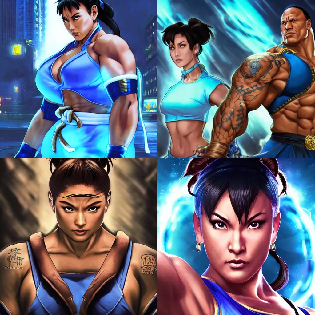 Image similar to street fighter chun li with dwayne johnson's face reminiscent of dwayne johnson, face as of dwayne johnson, looks like dwayne johnson with dwayne johnson's face and dwayne johnson's head, blue female outfit, intricate, epic lighting, cinematic composition, hyper realistic, 8k resolution, unreal engine 5, by Artgerm, tooth wu, dan mumford, beeple, wlop, rossdraws, James Jean, Andrei Riabovitchev, Marc Simonetti, yoshitaka Amano, Artstation