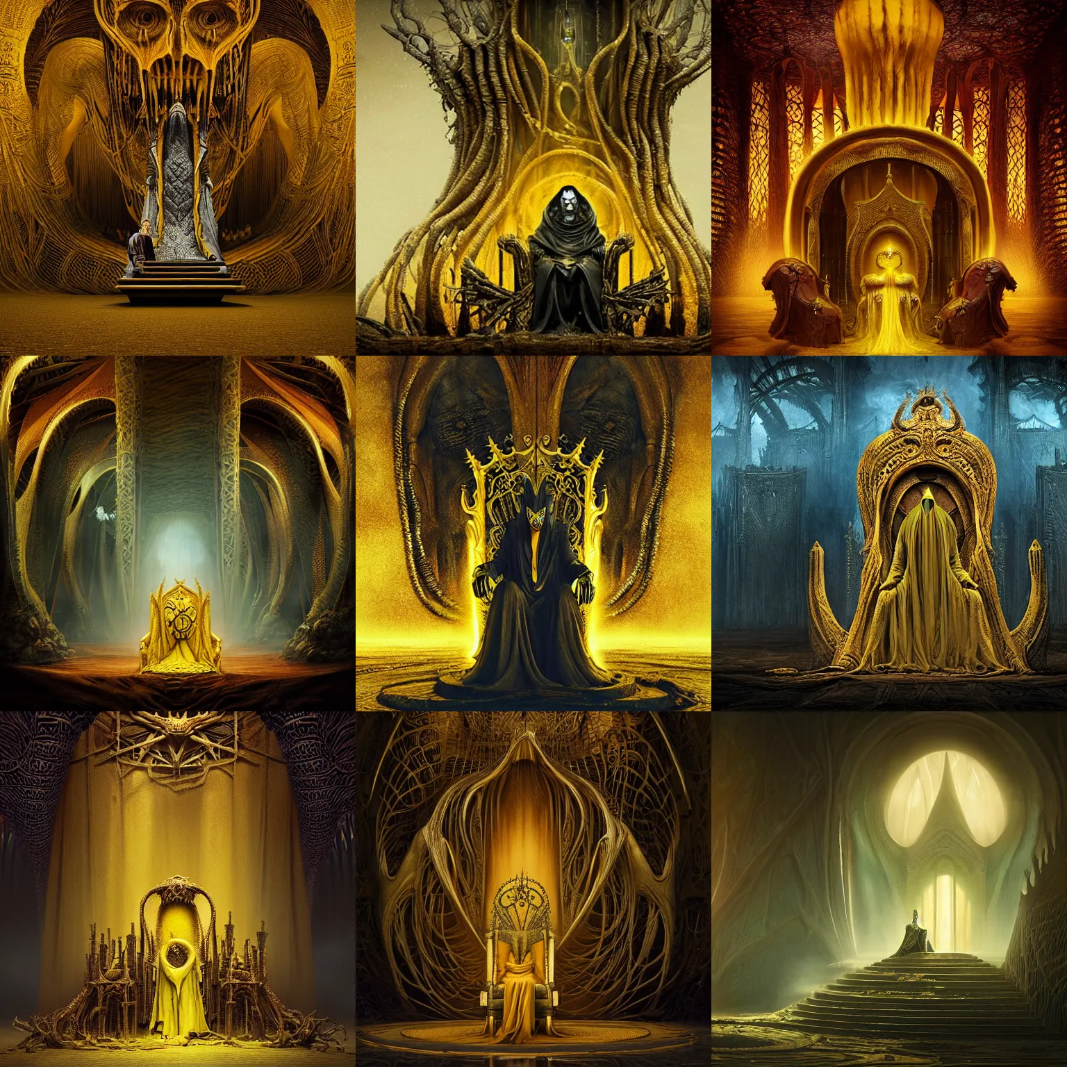 Prompt: The king in yellow sits on a throne in Carcosa, by Marc simonetti, fantasy Lovecraft art, Zaha Hadid, detailed futuristic architecture, Maya render, raytracing, epic cinematography, in the style of Lord of the Rings, Weta Digital, Wētā FX