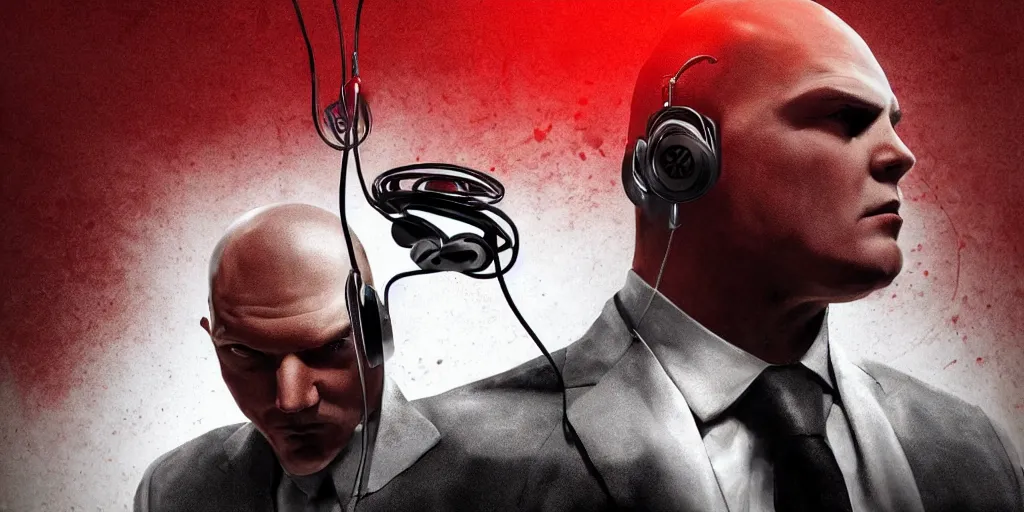 Prompt: agent 4 7 from hitman wearing headphones with wires everywhere listening to music, dark background, red rim light, smooth, sharp focus, art by ali kiani amin