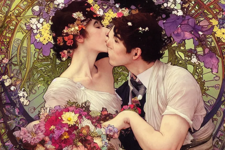 Image similar to the groom kisses the bride at a wedding full of flowers, bright and happy, dreamlike art, highly detail, 4 k realistic, wedding photoy krenz cushart. artem demura. alphonse mucha. yoji shinkawa artgerm. jon lothian. danilo torres. adi meyers. thomas reimann. gaston bussiere.