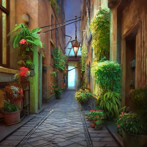 Image similar to a painting of a bronze art-deco alley lined with plants, a detailed matte painting by Anka Zhuravleva, cgsociety, light and space, rendered in unreal engine, artstation hq, artstation hd