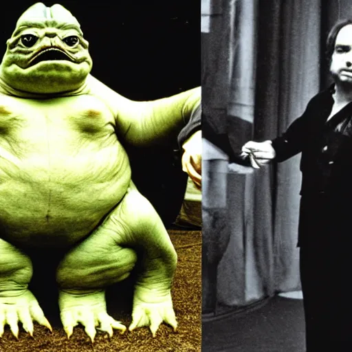 Prompt: the time gilles deleuze and felix guattari met jabba the hutt for a large banquet