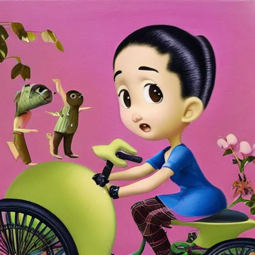 Prompt: ariana grande on a tricycle, lowbrow painting by mark ryden and pixar and hayao miyazaki