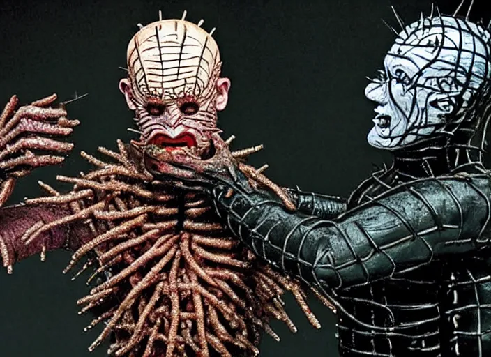 Image similar to a disgusting vile cenobite eating a man, cult horror, hellraiser inspired by The Thing, mcfarlane, clive barker, by Cronenberg and greg nicotero