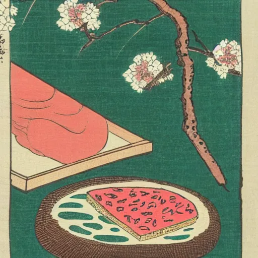 Prompt: japanese edo period woodblock print of a chipmunk eating pizza with pink blossoming cherry trees in the background