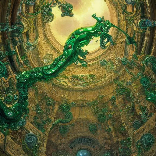 Image similar to a detailed oil painting by michael whelan and donato giancola of an intricate, ornate palace made of green, polished, swirling malachite and jade, hyper detailed, hd, artstation, beautiful sunrise lighting, surrounded by trees