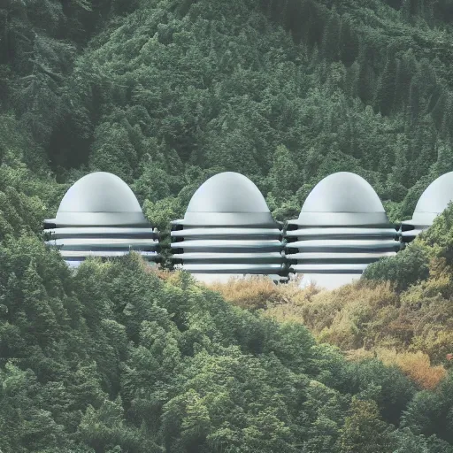 Image similar to sci fi nuclear containment buildings in a steep sided valley with trees, a sense of hope and optimism, birds overhead, stark light, day time, unsplash, national geographic, hd, high res