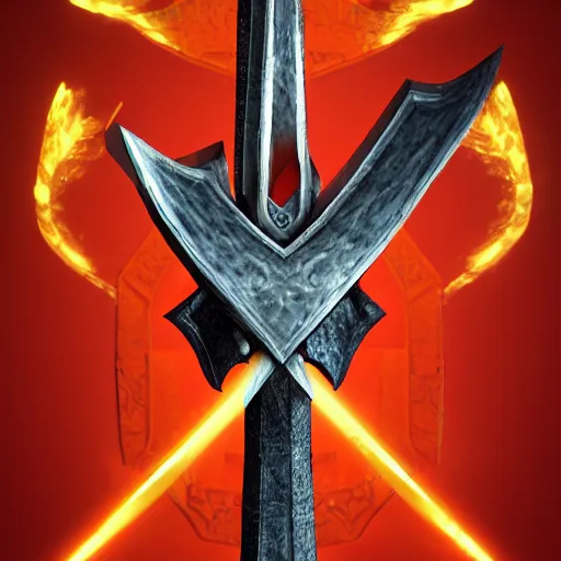 Image similar to game - icon of giant medieval swords crossed, red powerful fantasy epic legends, game icon stylized, digital illustration radiating, a glowing aura, global illumination, ray tracing, 8 k high definition, intricate details, octane render, unreal engine, trending on arstation