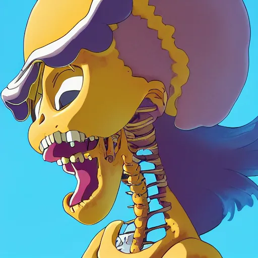 Prompt: manga fine details portrait of joyful skull girl, floeers in hair, marge simpson, skeleton. anime masterpiece by studio ghibli. 8 k render, sharp high quality anime illustration in style of ghibli, artstation