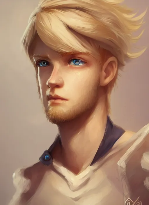 Image similar to a highly detailed illustration of cute little blonde blue eyes boy, wide eyed adventurous pose, intricate, elegant, highly detailed, centered, digital painting, artstation, concept art, smooth, sharp focus, league of legends concept art, WLOP