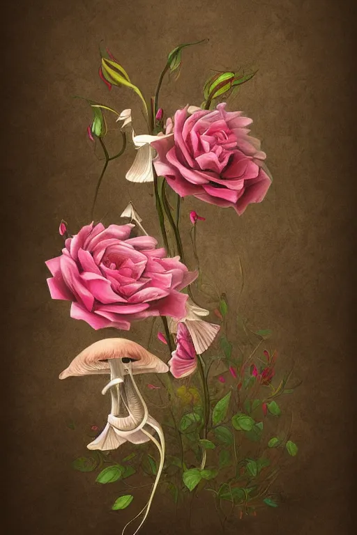 Prompt: beautiful digital matter cinematic painting of whimsical botanical illustration of roses and lilies mushrooms enchanted dark background, whimsical scene bygreg rutkowki artstation