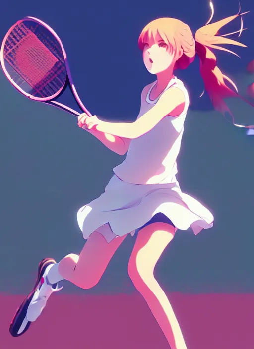 Image similar to girl playing tennis, illustration concept art anime key visual trending pixiv fanbox by wlop and greg rutkowski and makoto shinkai and studio ghibli