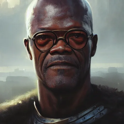 Prompt: closeup portrait of a young samuel jackson as a medieval knight, city background, dramatic light, gorgeous view, depth, high detail, digital art, painted by greg rutkowski, trending on artstation