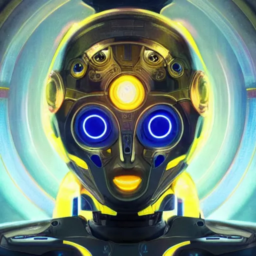 Image similar to symmetrical portrait of a robot with big eyes, grinning, sci - fi, tech wear, blue and yellow glowing lights, intricate, elegant, highly detailed, digital painting, artstation, smooth, sharp focus, illustration, art by artgerm and greg rutkowski and alphonse mucha