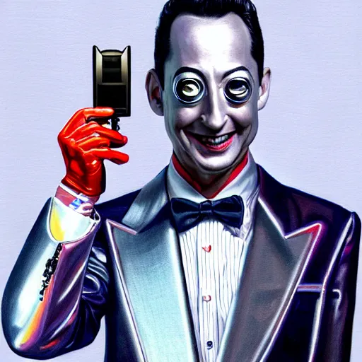 Image similar to Portrait of pee-wee herman as a chrome cyborg, highly detailed, digital painting, artstation, concept art, illustration, dramatic lighting, art by hajime sorayama