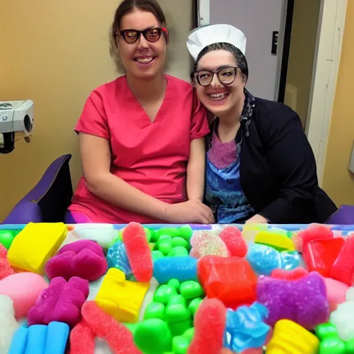 Prompt: photo of a happy patient and nurse in a hospital room made out of soft candy, candy equipment, candy hospital room, candy treatments, oompa loompa virus, willy wonka pandemic