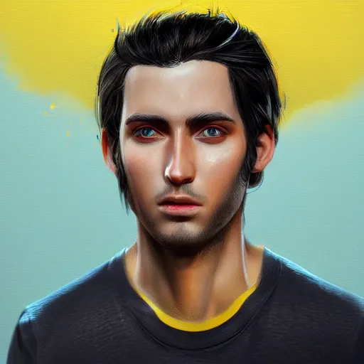 Image similar to ultra realistic illustration, a young man with black hair, in a yellow t - shirt, with blue eyes, highly detailed, digital painting, artstation, concept art, smooth, sharp focus, illustration