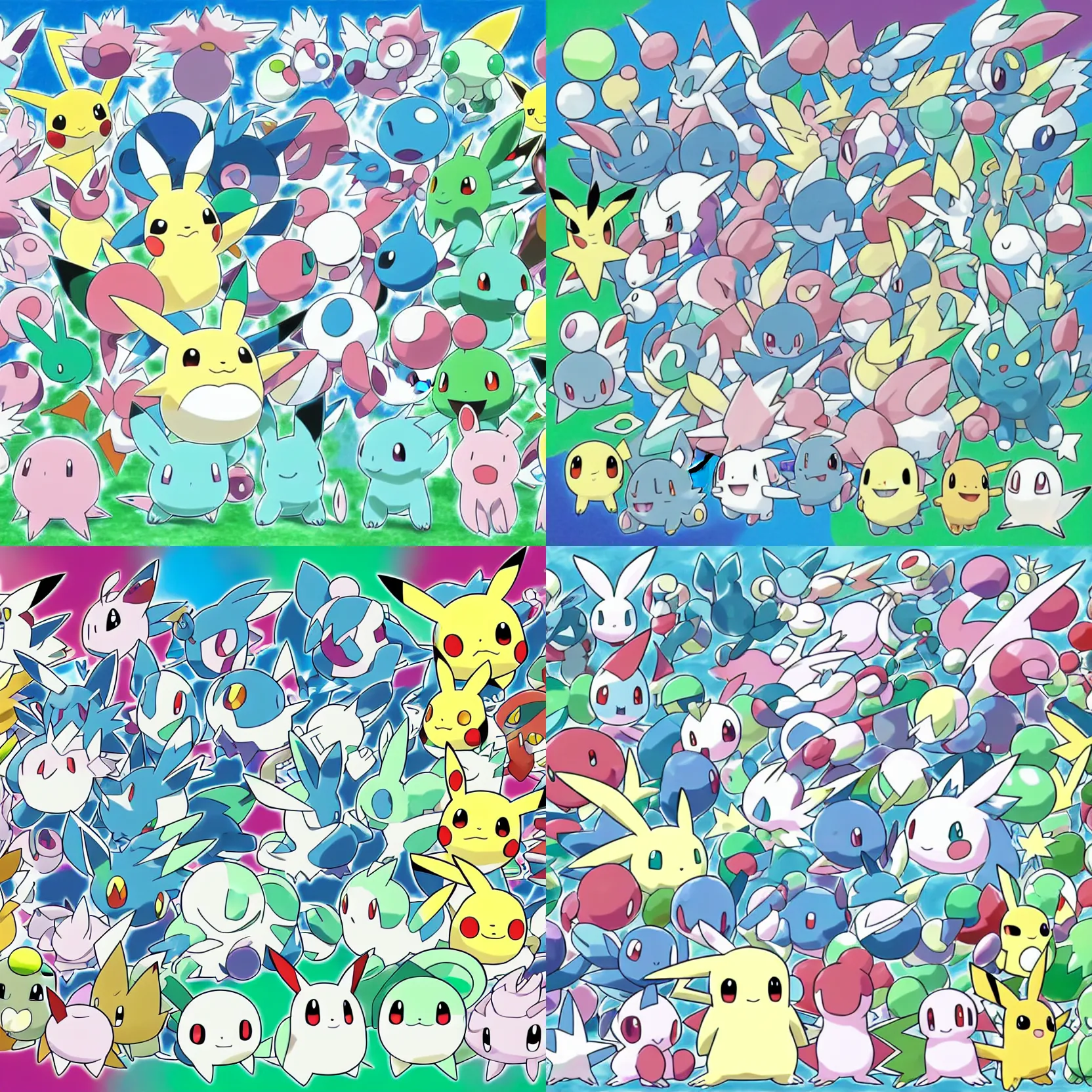 Prompt: official art of a diverse crowd of Pokémon, by Ken Sugimori, whitespace, Bulbapedia, Pokémon logo, tangela clefable roserade togekiss foongus bellsprout slurpuff