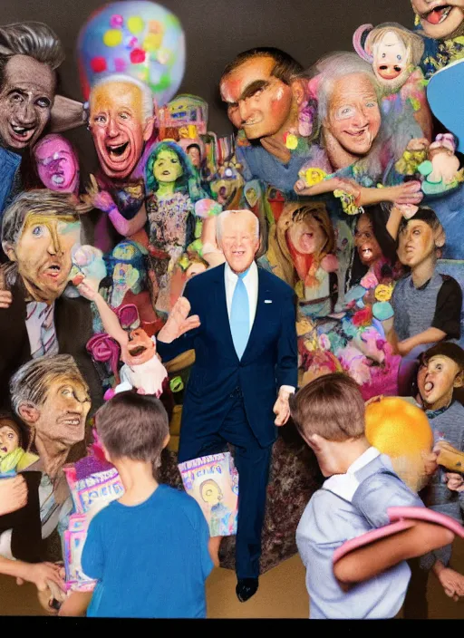 Prompt: hyperrealistic polaroid of joe biden haunting a children's birthday party, hyper detailed, claymation, detailed, realistic materials, sharp focus