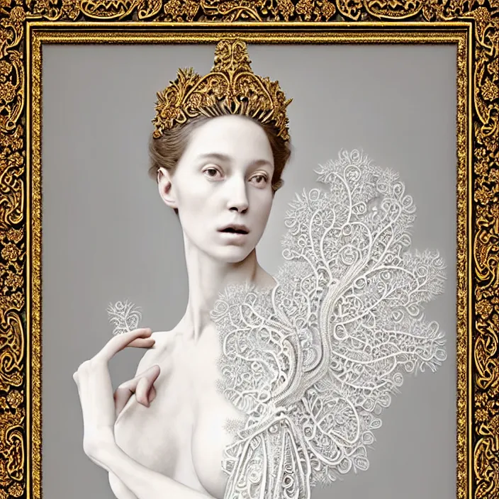 Prompt: photo portrait of a beautiful woman like a queen-ethereal-angel, dressed in long elegant intricate ornamental baroque white dress, intricate fractal highly detailed baroque ornament in the upper side of breast, bust with a very long neck , elegant, highly detailed intricate baroque ornament in her hair, Realistic, Refined, Highly Detailed, Cinematic cold Lighting, fine art photography by Paolo Roversi, volumetric studio lighting, hyper realistic photography