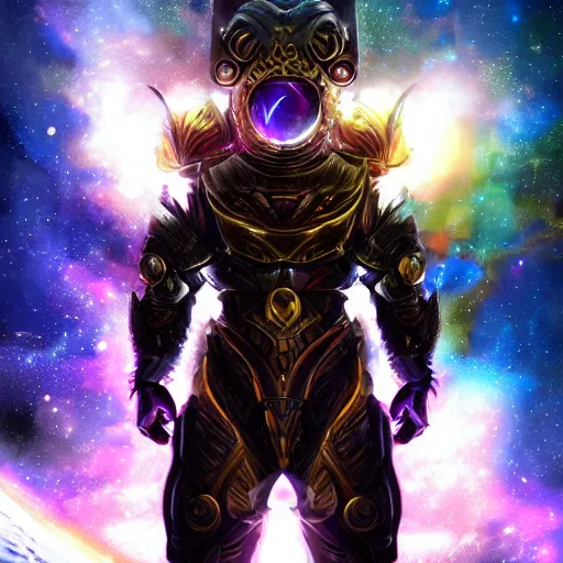 Image similar to photorealistic fantasy cosmic concept art of a cosmic god with armor made out of planets and dark matter, hovering in a unknown galaxy, fully body portrait, cinematic, dynamic lighting, ultra detailed, creative, trending on art station, creative