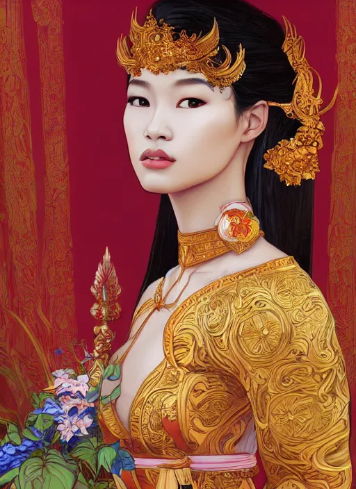 Image similar to portrait of a thai supermodels wearing traditional costume, highly detailed, digital painting, artstation, concept art, sharp focus, illustration, art by kittichai rueangchaichan and james gurney and alphonse mucha
