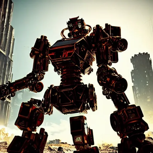 Image similar to a shiny ornate boxing humanoid mecha in ruin city, victory, punk style, by war robots, real steel ( 2 0 1 1 ), westworld and eve venture and pacific rim and machine warrior 5, cryengine, frostbite 3 engine, scarlet and yellow scheme, sharp focus, 8 k, high definition, insanely detailed, soft lighting, smooth face