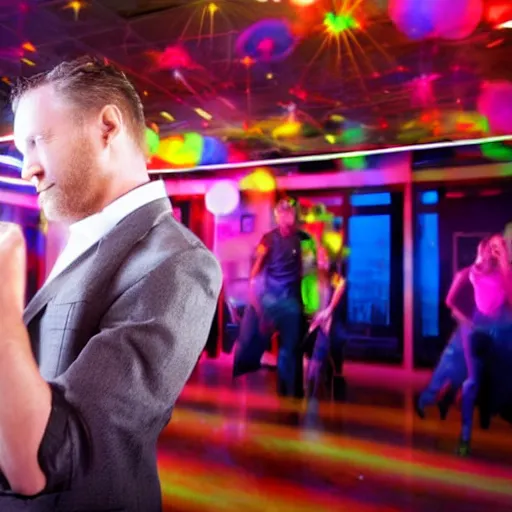 Image similar to photo of a 4 0 year old white man living thinking he's living the best life possible. he looks young for his age. he is at a dance club, it's as if he were in a music video. woman are flocking to him and can be seen dancing around him in a seductive manner.