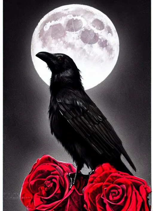 Image similar to portrait, A crow with red eyes in front of the full big moon, book cover, red roses, red white black colors, establishing shot, extremly high detail, foto realistic, cinematic lighting, pen and ink, intricate line drawings, by Yoshitaka Amano, Ruan Jia, Kentaro Miura, Artgerm, post processed, concept art, artstation, matte painting, style by eddie mendoza, raphael lacoste, alex ross