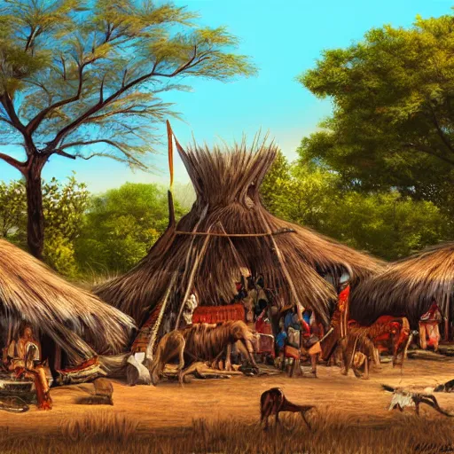 Image similar to digital painting highly detailed photo of a native indian village after a successful buffalo hunt