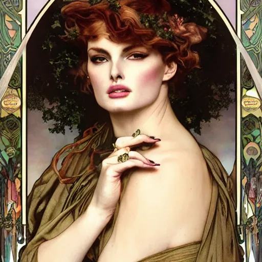 Prompt: realistic detailed face portrait of Linda Evangelista as a Pre-Raphaelite Queen by Alphonse Mucha, Ayami Kojima, Amano, Charlie Bowater, Karol Bak, Greg Hildebrandt, Jean Delville, and Mark Brooks, Art Nouveau, Neo-Gothic, gothic, rich deep moody colors